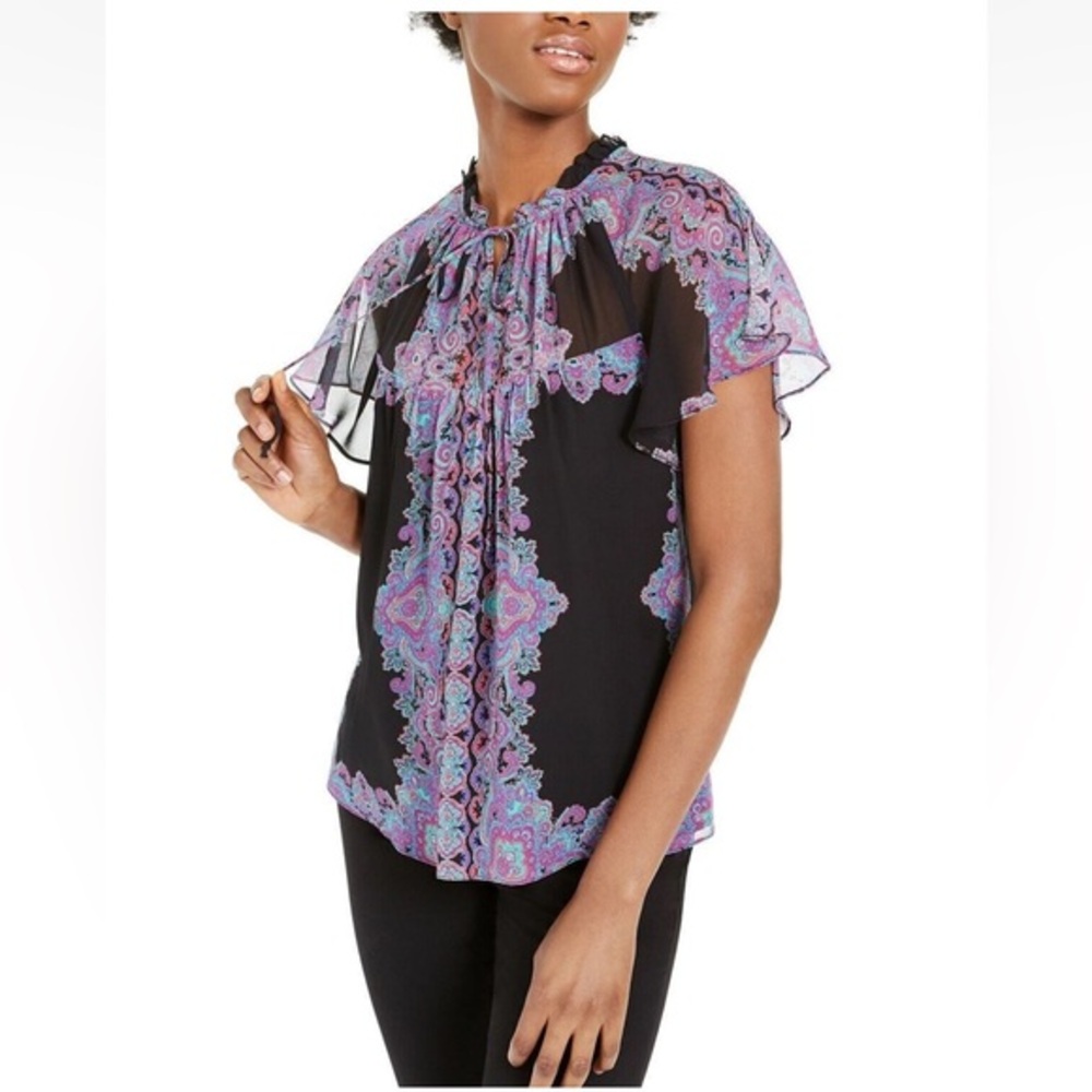 Nanette Lepore NWT Sz 4 SILK Black and Purple Paisley Top Ret $348 STUNNING